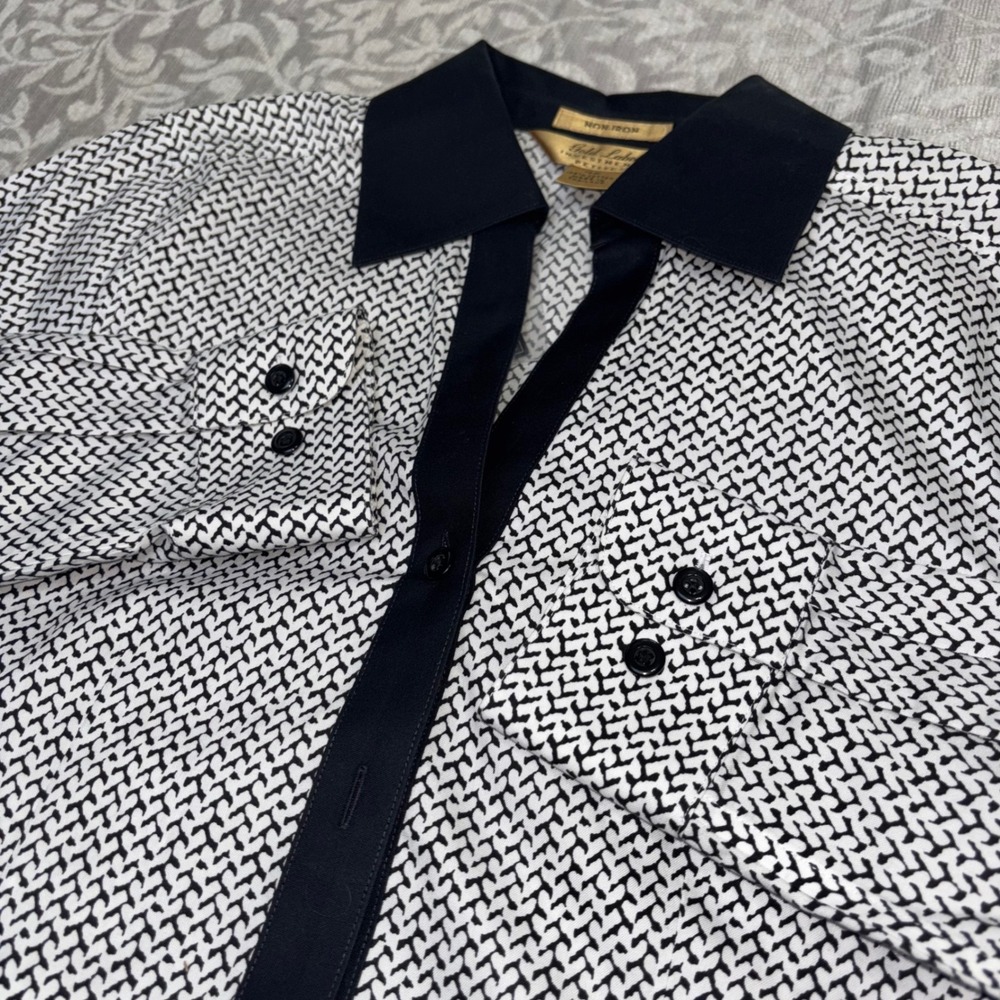 Gold Label Investments Petites Non-Iron Cotton Blouse Black White Print 4P (E38)